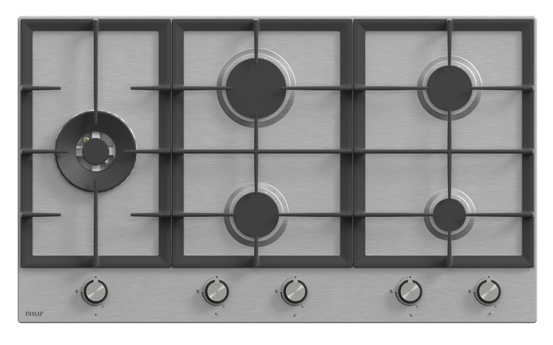 PASSAP Built-In Gas Hob, 5 Burners, Stainless Steel, 90X60 Cm